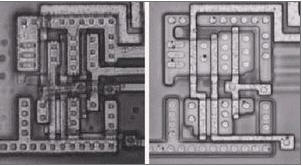 NAND門(mén)驅(qū)動(dòng)一個(gè)反向器的光學(xué)照片(包含金屬層和去掉金屬層)。